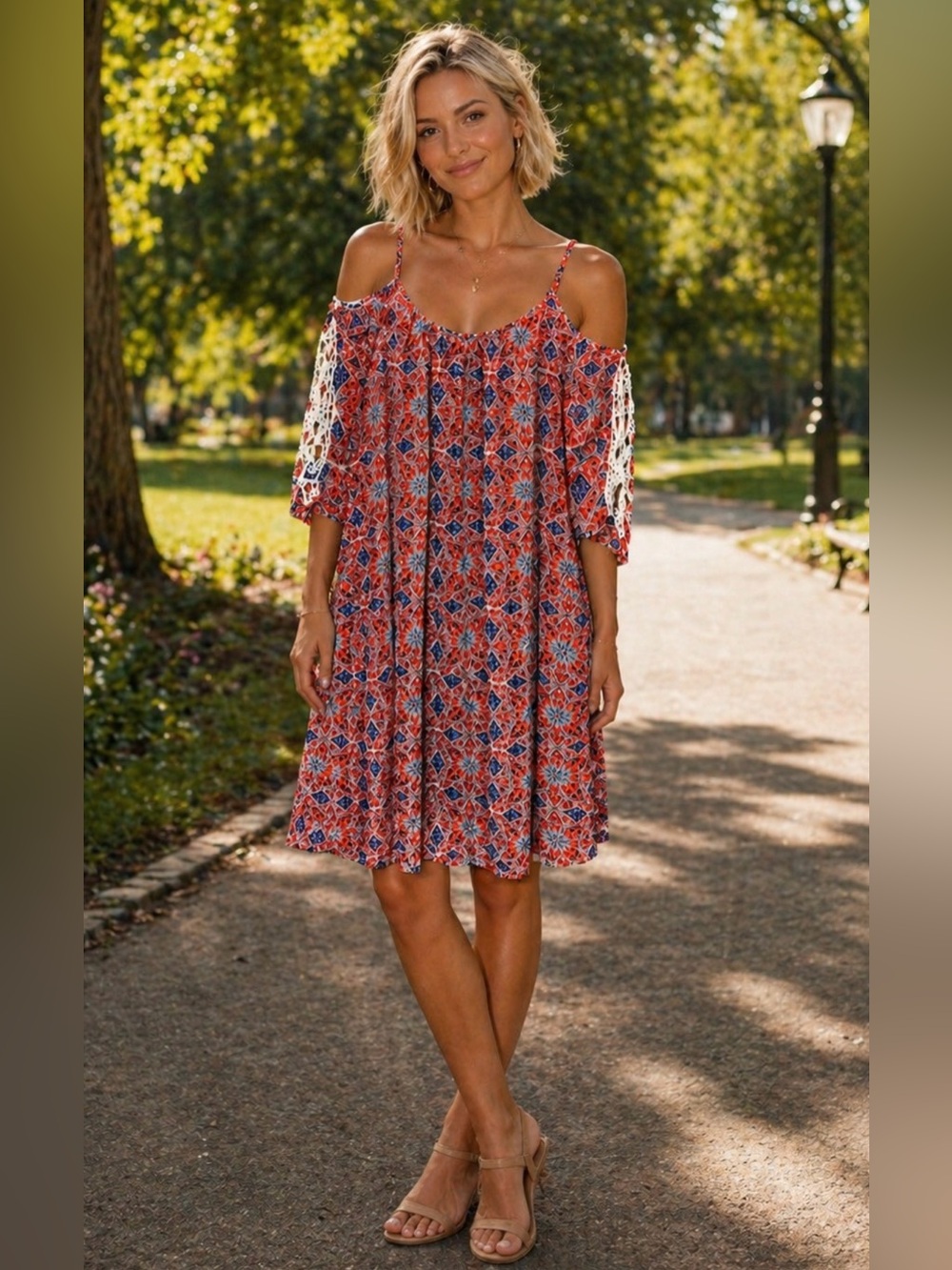 Umgee Cold-Shoulder Boho Print Dress in orange and Blue